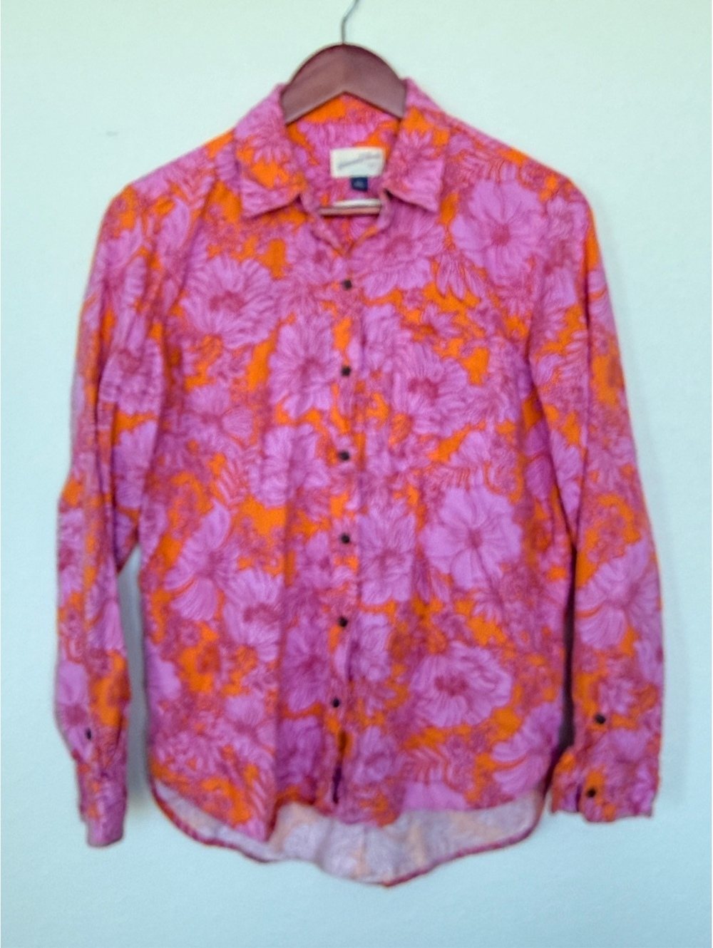 Universal Thread Women’s Floral Linen Blend Button-Up Shirt Pink Orange Relaxed